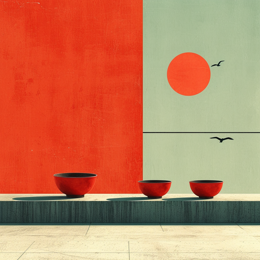 Traditional Chinese Architecture with Minimalist Green and Red Design