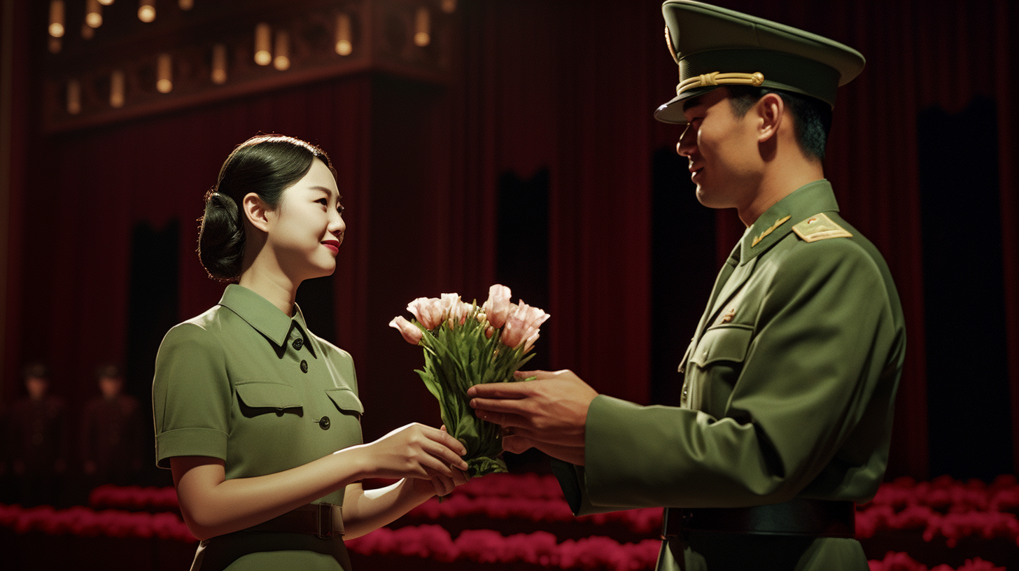 Chinese officer giving green rosebuds to comrades