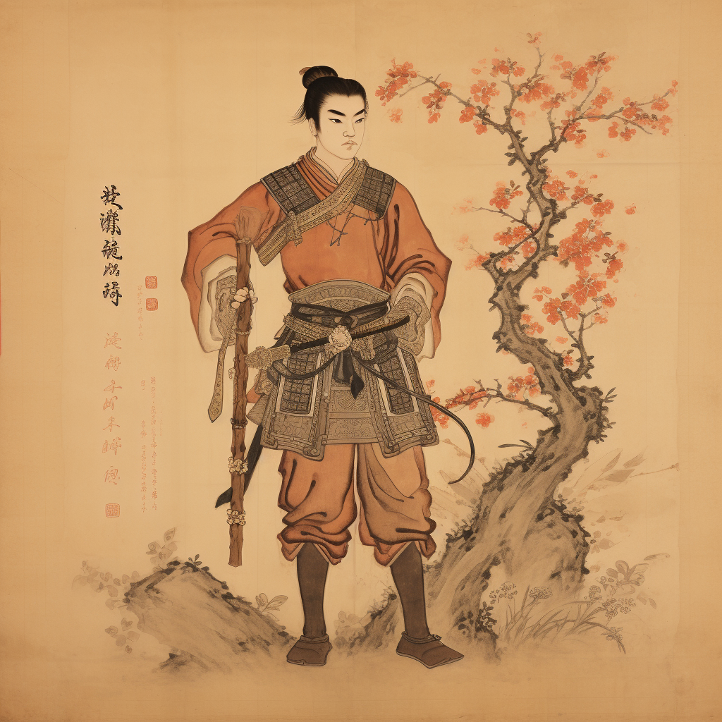 Chinese warrior with flower bouquets artwork