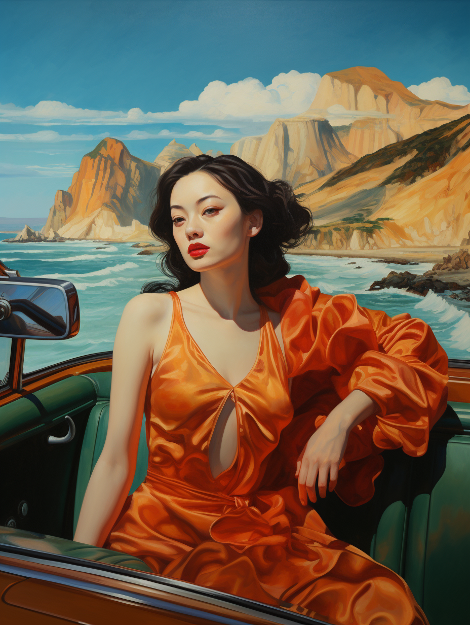 Chinese woman in car on boat with scenic background