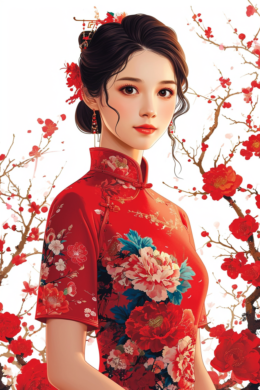 Chinese woman in qipao celebrating Chinese New Year