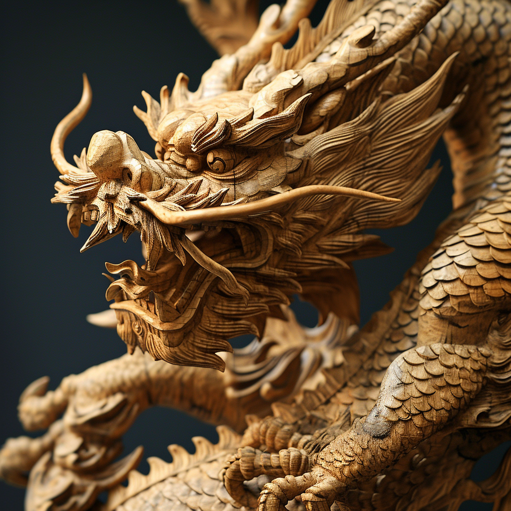 Detailed Chinese Zodiac Dragon Carved from Wood