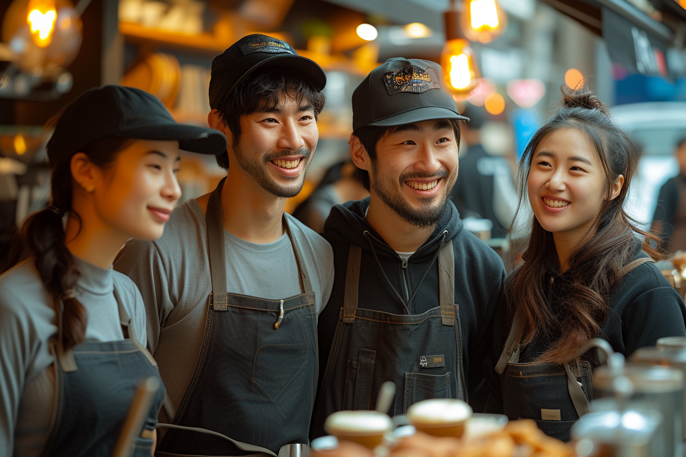 Chinese baristas conversation coffee aprons duckbill caps