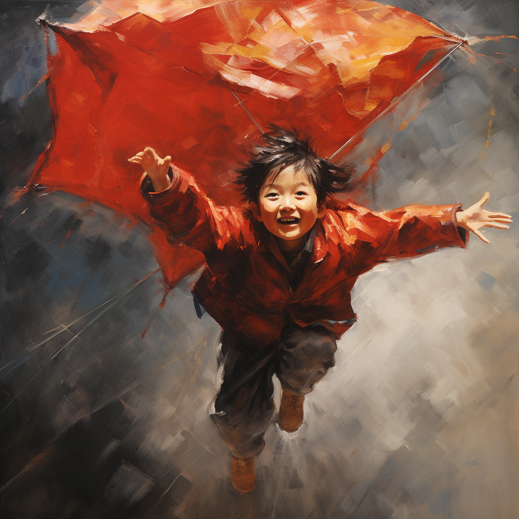 Chinese Child Flying Umbrella in Wind
