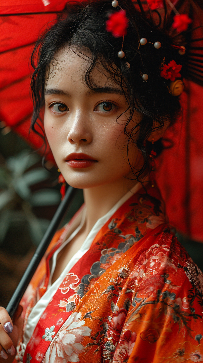 Young model posing with umbrella in Chinese clothing