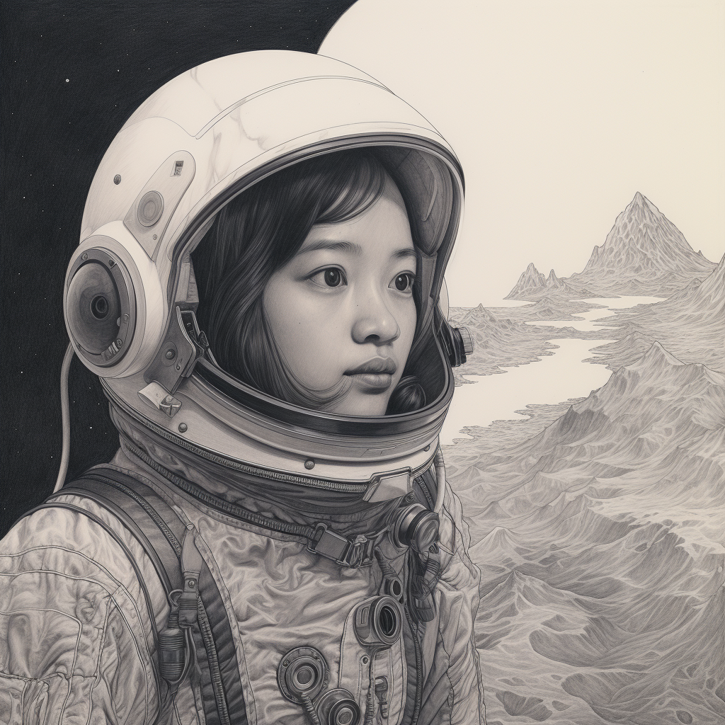 Female Chinese astronaut observing Malaysia in pencil sketch