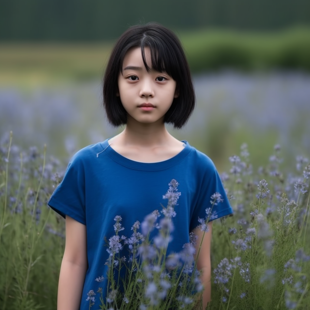 Adorable Chinese girl with dark hair and blue t-shirt