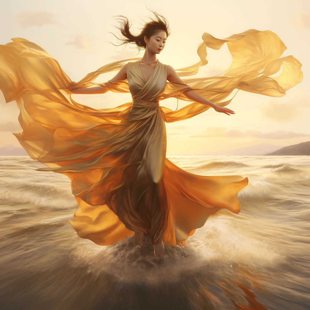 Chinese girl in a magnificent gold dress flying on water