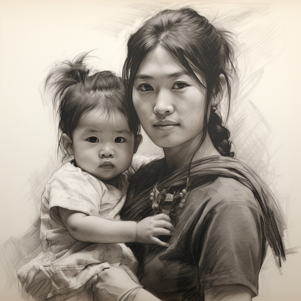 Sketch of Beautiful Chinese Girl with Baby