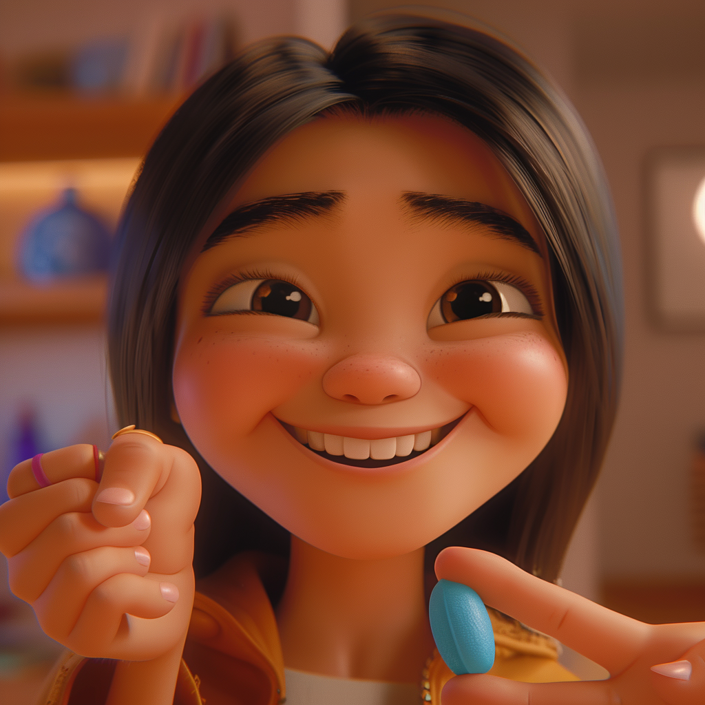 Smiling Chinese girl with blue pill