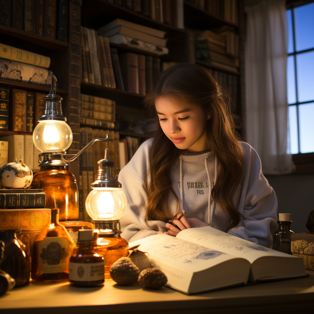 Chinese girl reading book on sofa