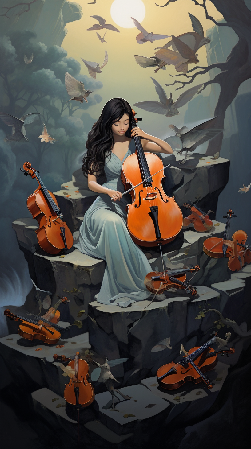 Chinese girl playing cello surrounded by birds