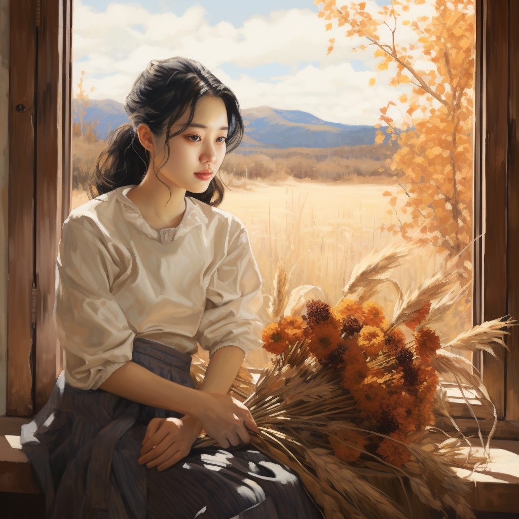 Chinese girl by window holding bouquet of flowers