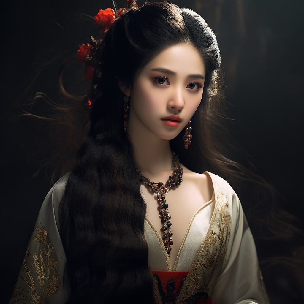 Chinese lady with long black hair in ancient clothes