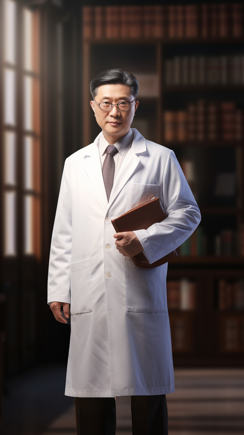 Chinese male doctor wearing white coat and glasses