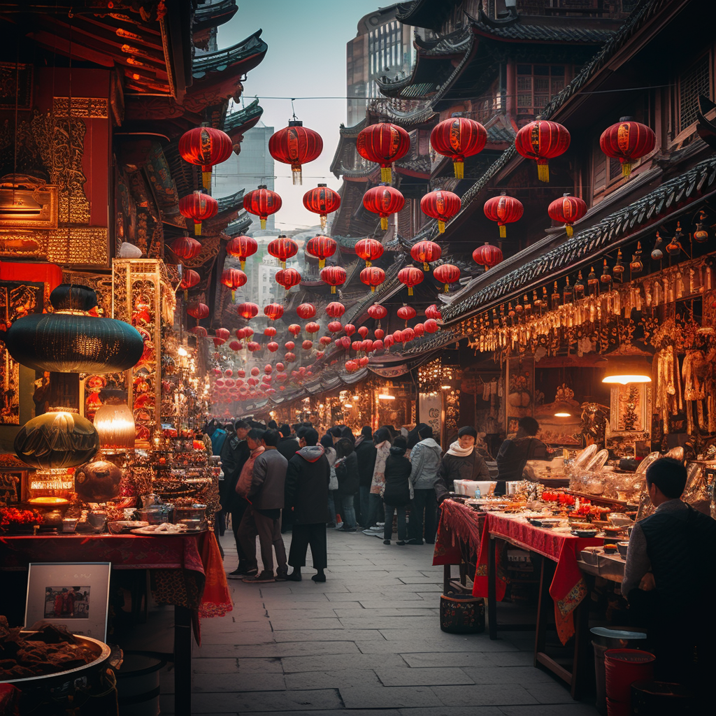 Chinese New Year Market Stalls Red Lanterns