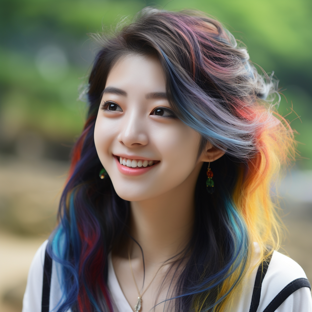 Chinese woman with freckles and rainbow highlights