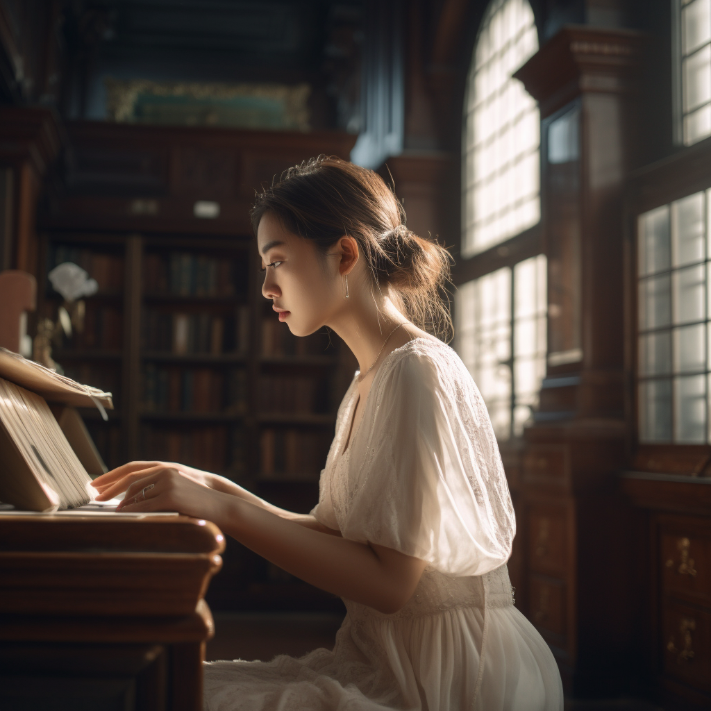 Attentive Chinese woman reading in library