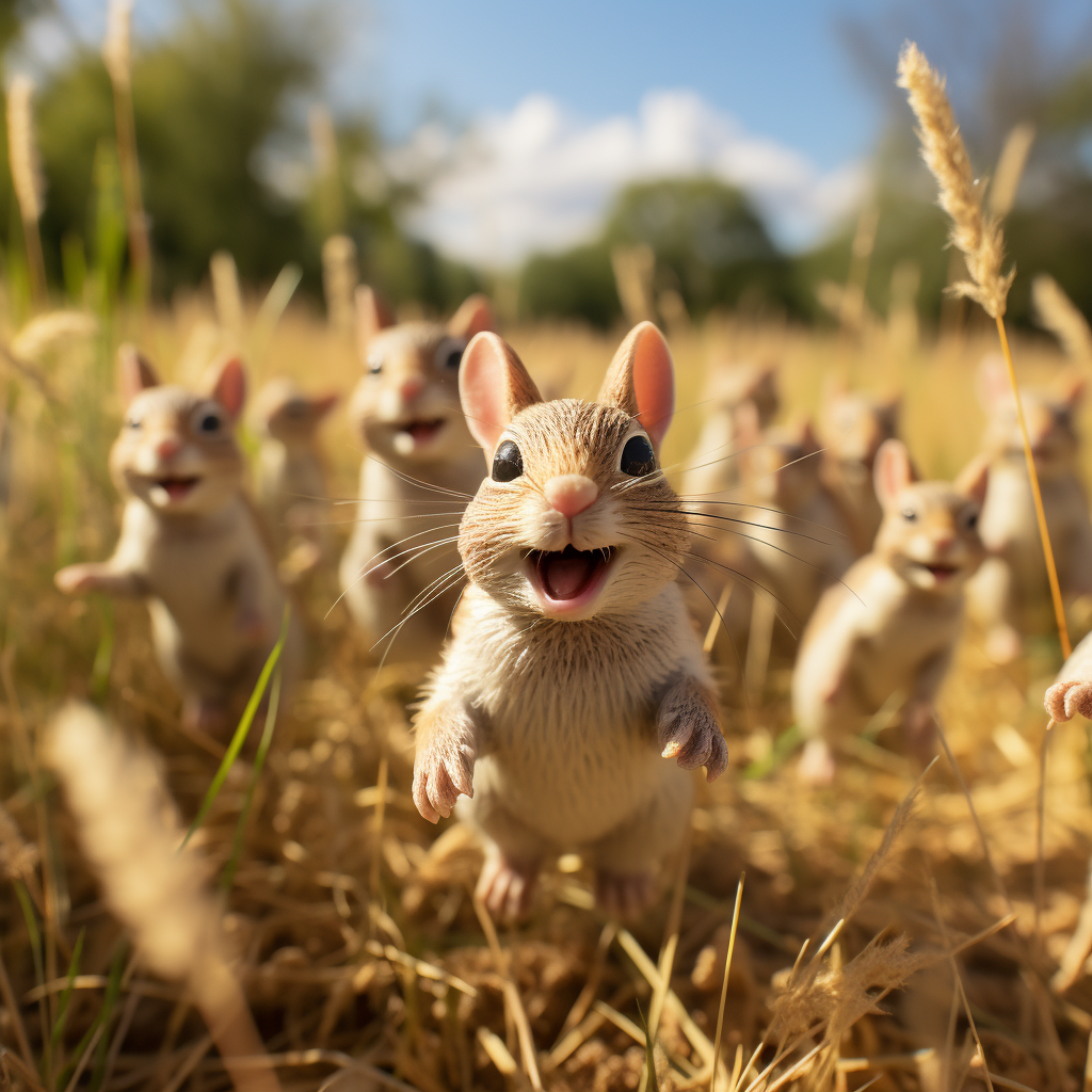 Chipmonks chasing smiling grasshoppers in savana