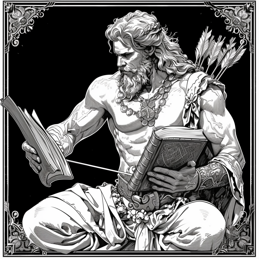 Chiron, wise and gentle centaur, holding book and bow and arrow