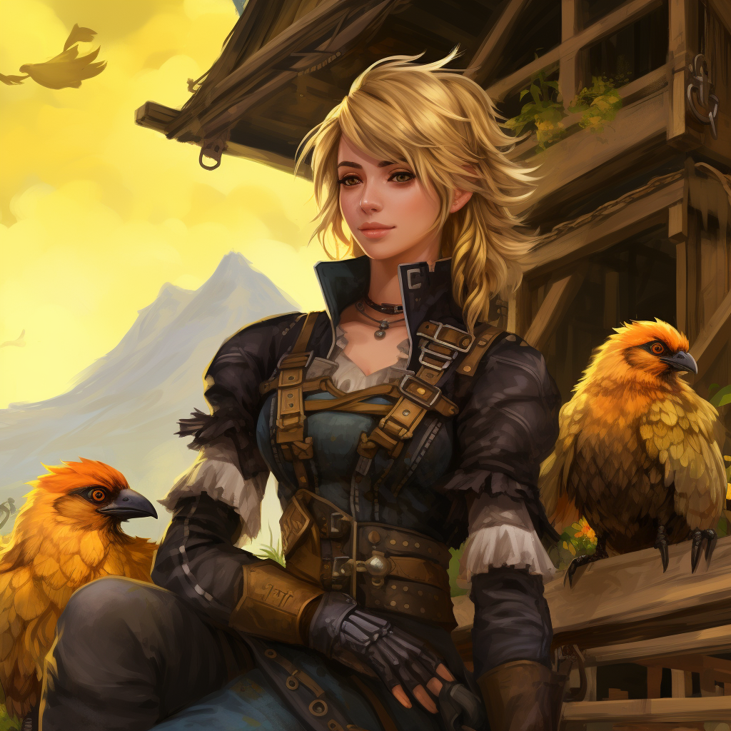 Chocobo trainer and her companion in comic book style