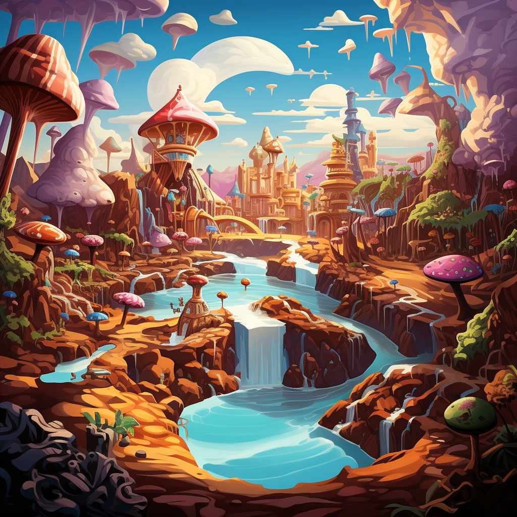 Colorful chocolate river in a dreamy fantasy land