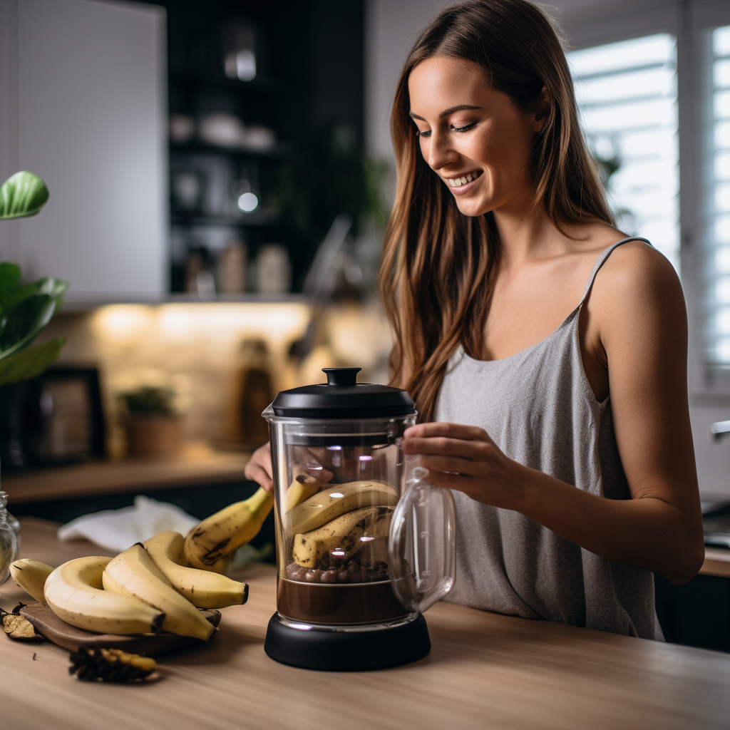 Woman making a chocolate banana smoothie