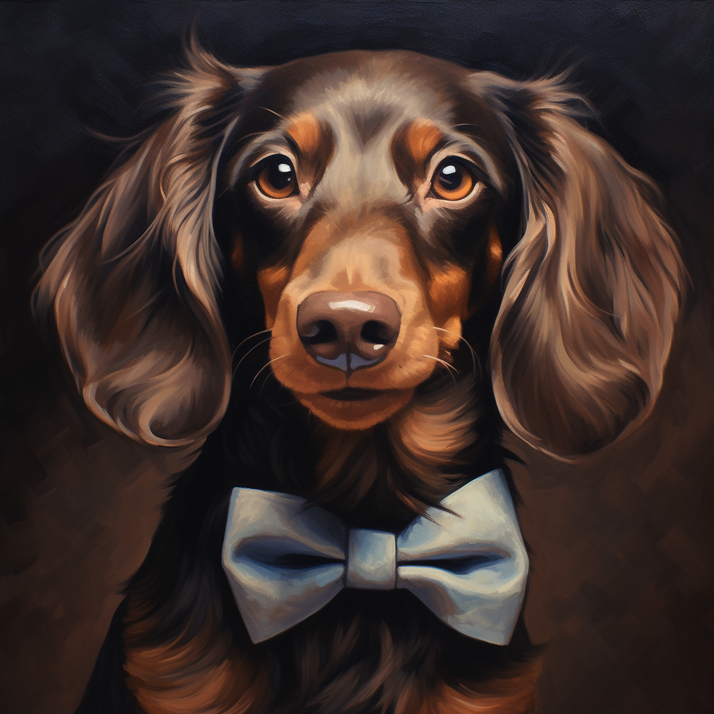 Adorable chocolate brown dachshund with a classic bow tie and cigar