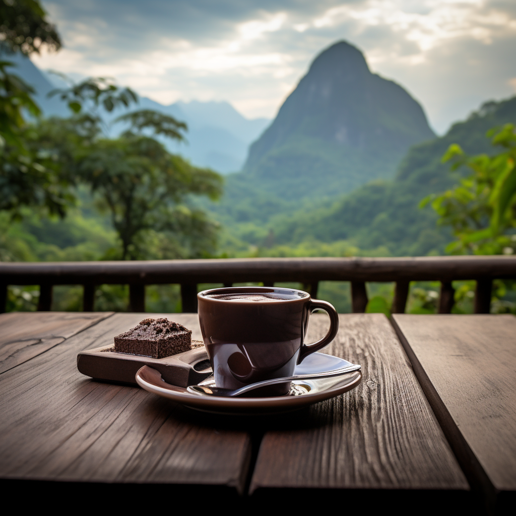 Chocolate cup on wooden table with Thailand mountain