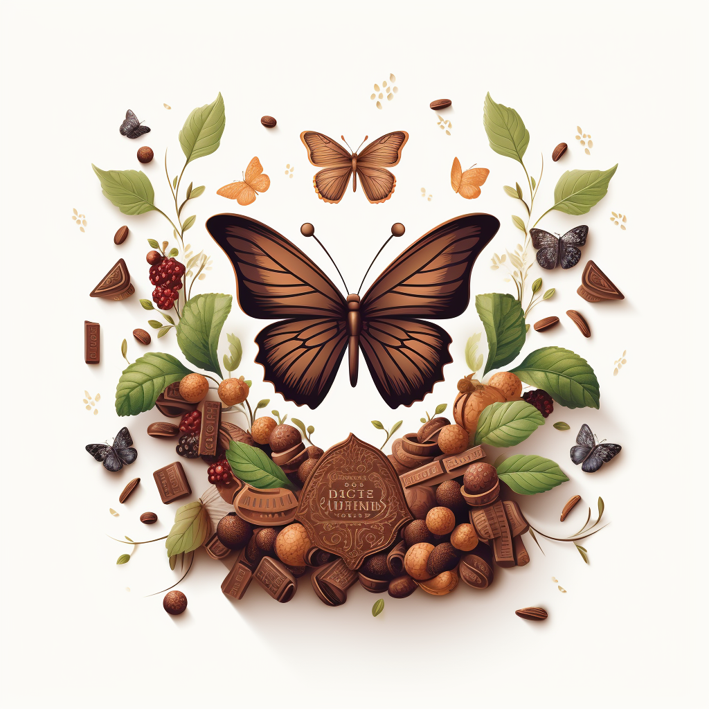 Logo with butterflies, chesnuts, and acorns in nature.