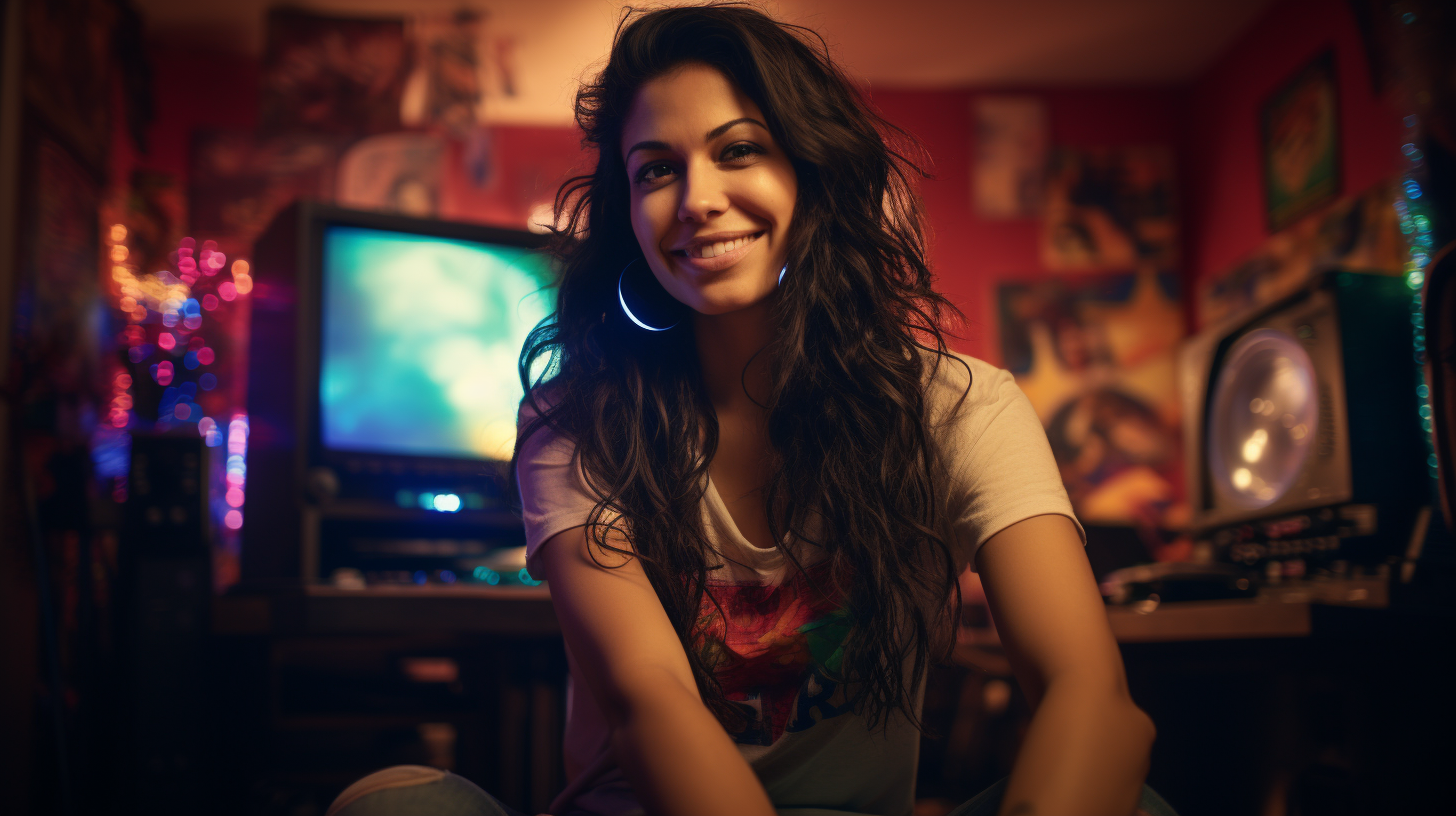 Young woman with long hair smiling in her Xbox room