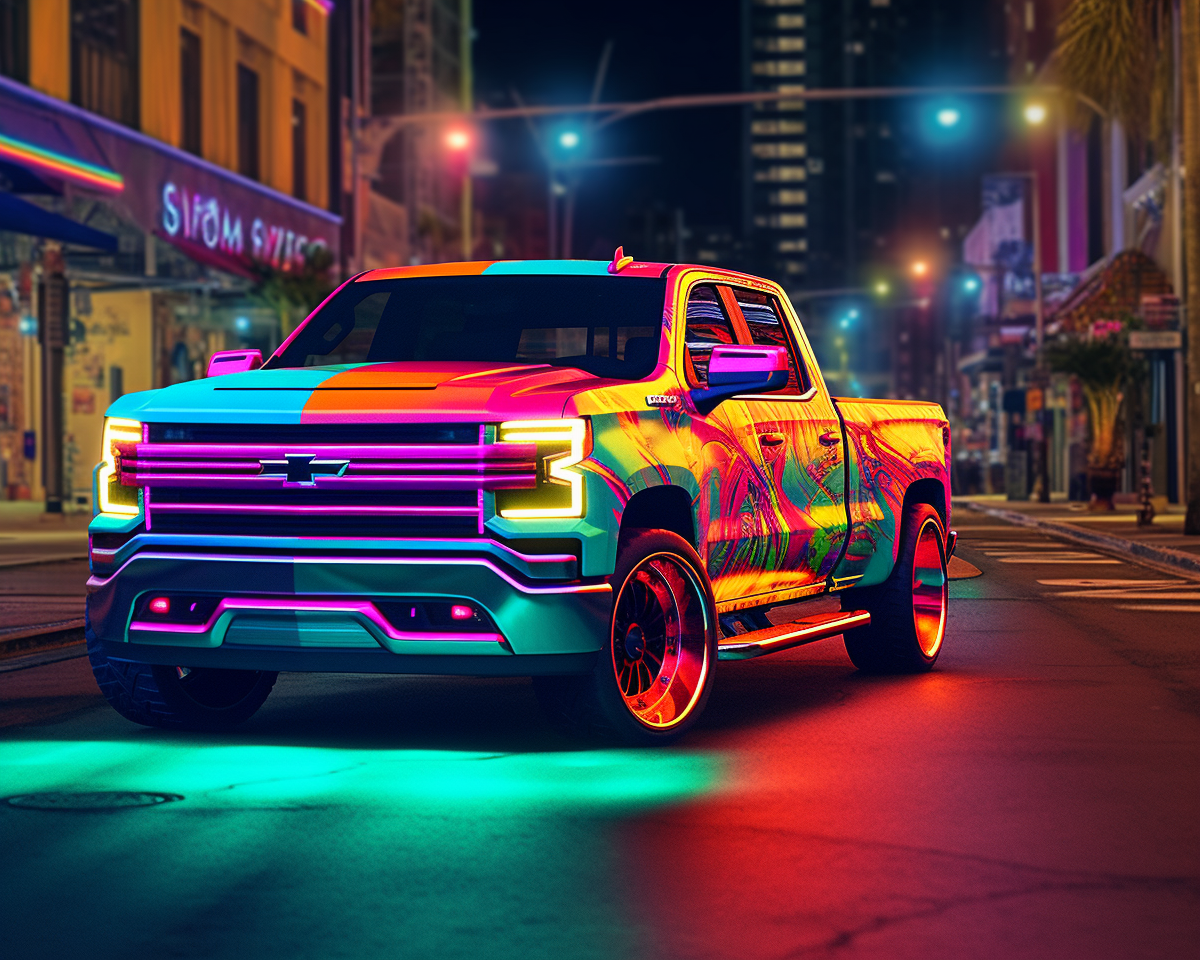 Chopped Chevy Silverado with vibrant neon paint job