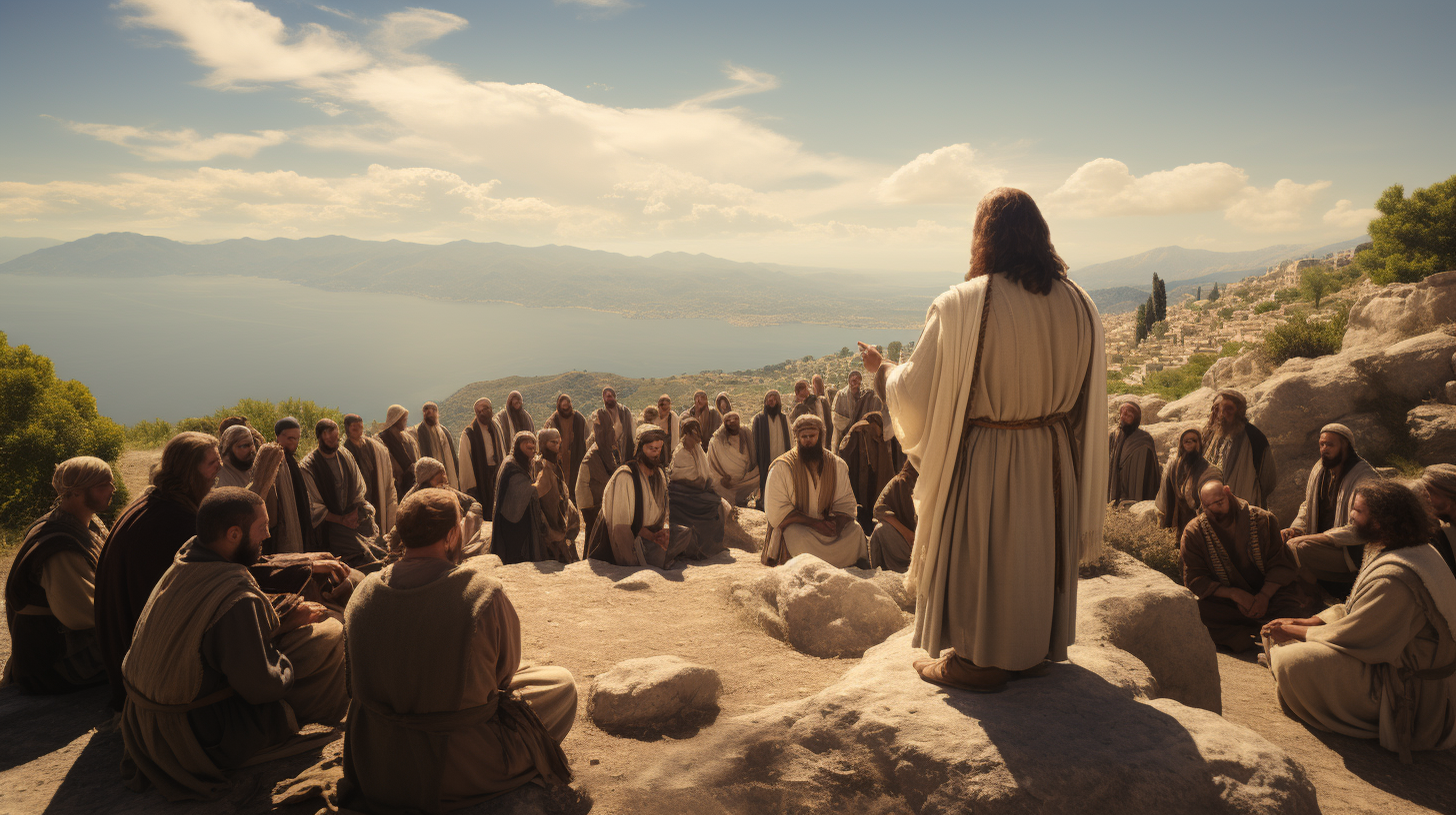 Cinematic scene of Jesus preaching the Sermon on the Mount