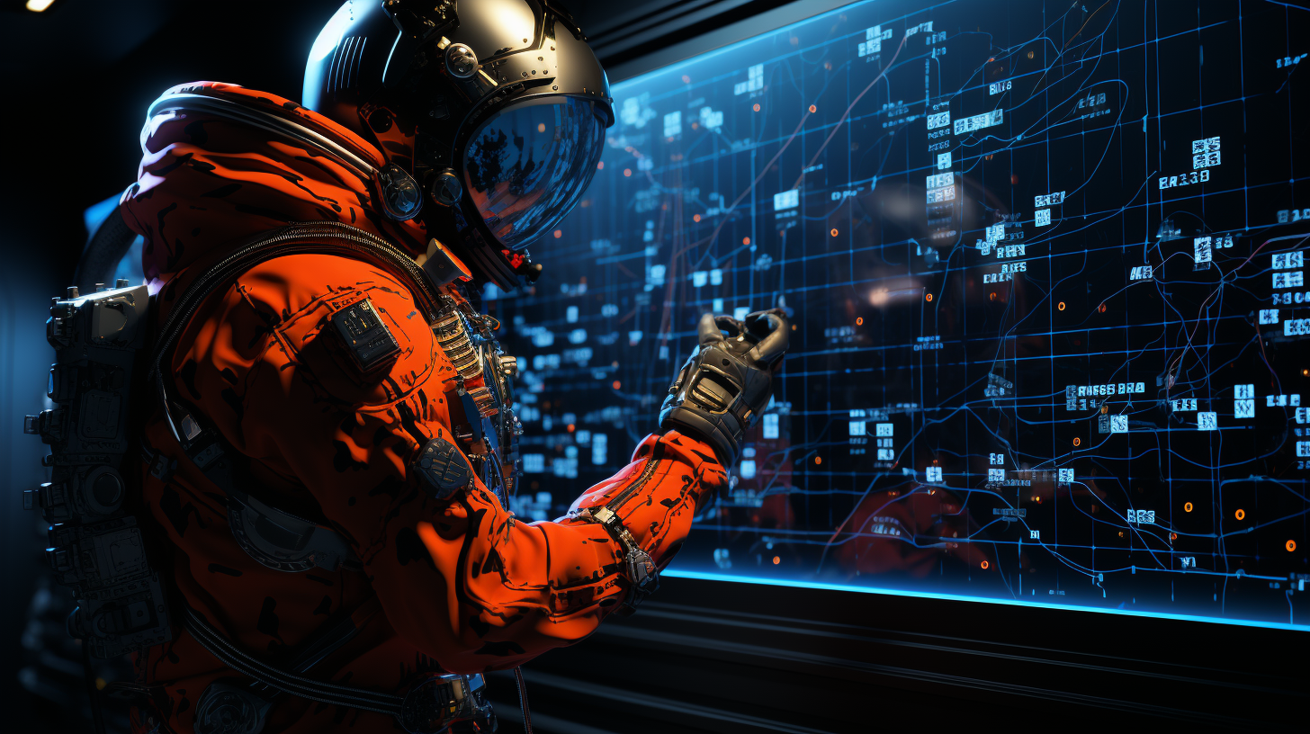 Chris Brown examines data panel in spacesuit  ?