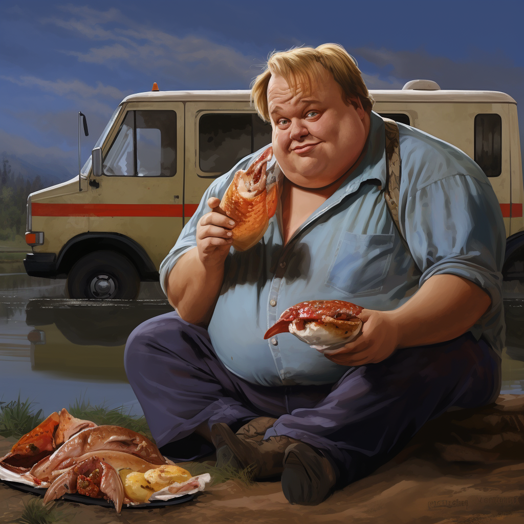 Chris Farley as Matt Folley enjoying a pulled pork sandwich