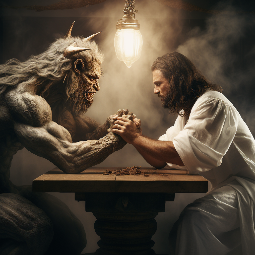 Christ arm wrestling devil in epic battle