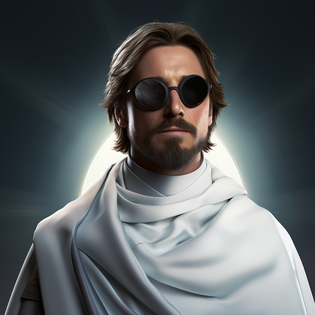 Christian Bale wearing white priest robes with an eye patch