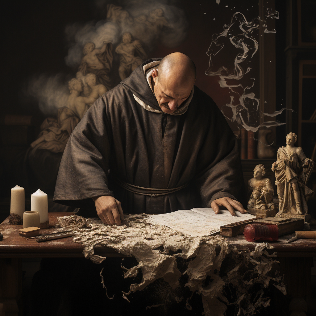 Christian monk at writing desk disappointed