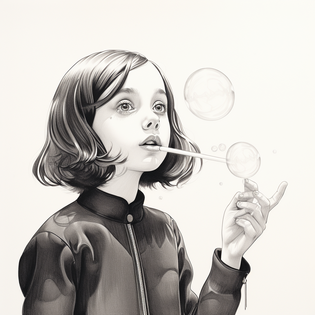 line art illustration of Christina Ricci blowing bubbles