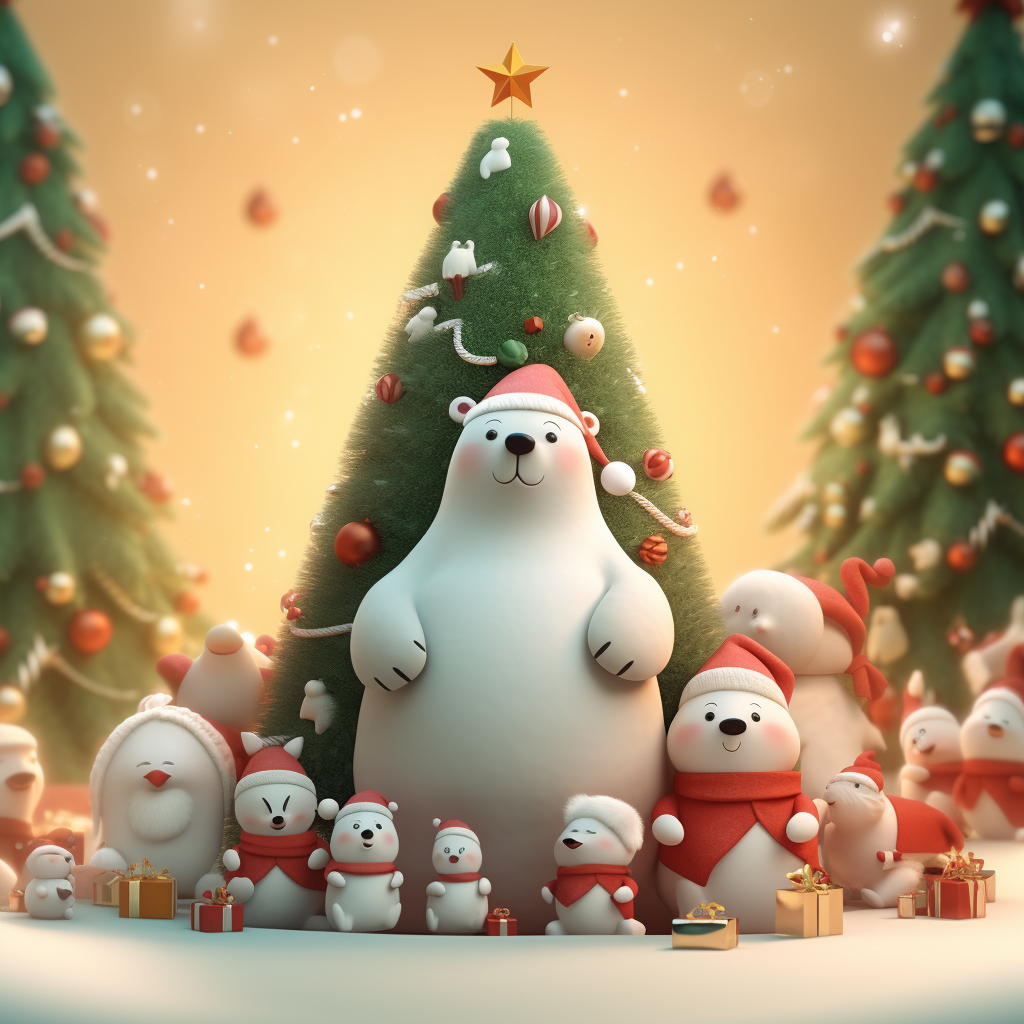 Cute Christmas animal characters by the tree