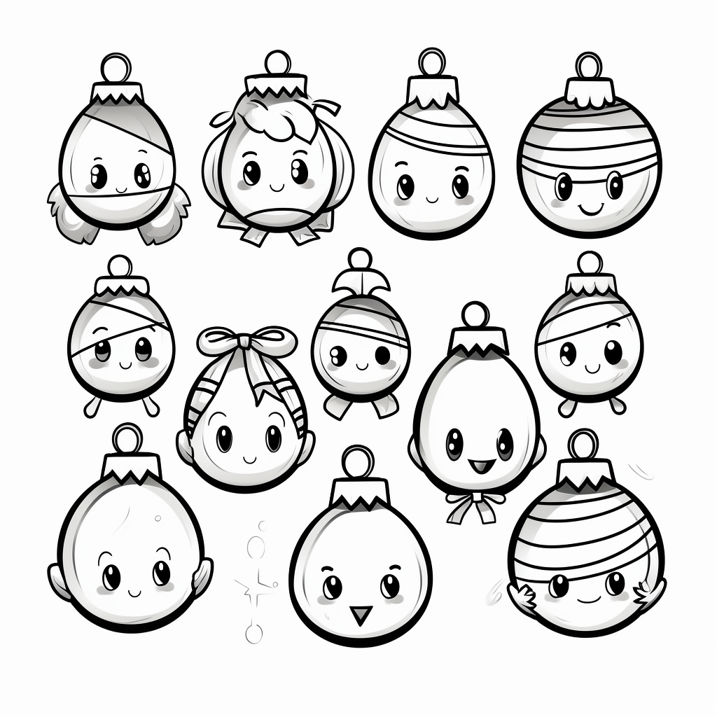 Cartoon black and white line drawing of Christmas baubles