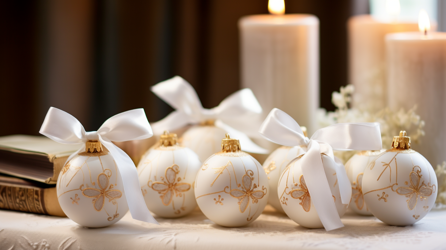 Christmas baubles with white bows and Bible verses