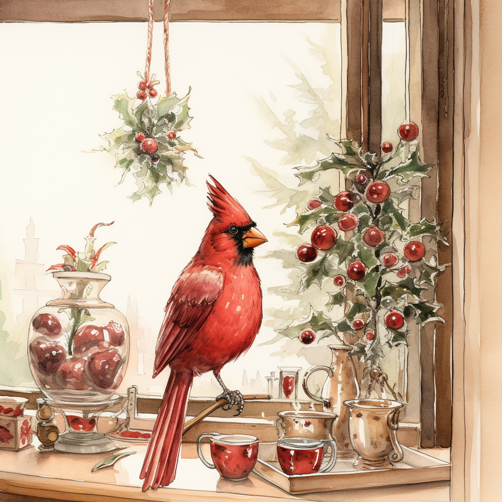 Christmas Cardinal Art Anita Jeram Watercolor