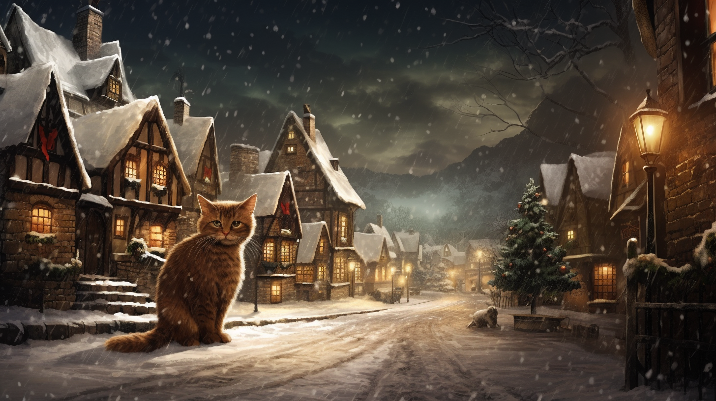 Cute Christmas cat in snowy village