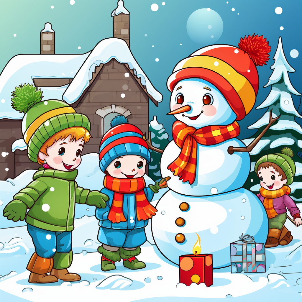 Children playing with snowman in Christmas coloring book