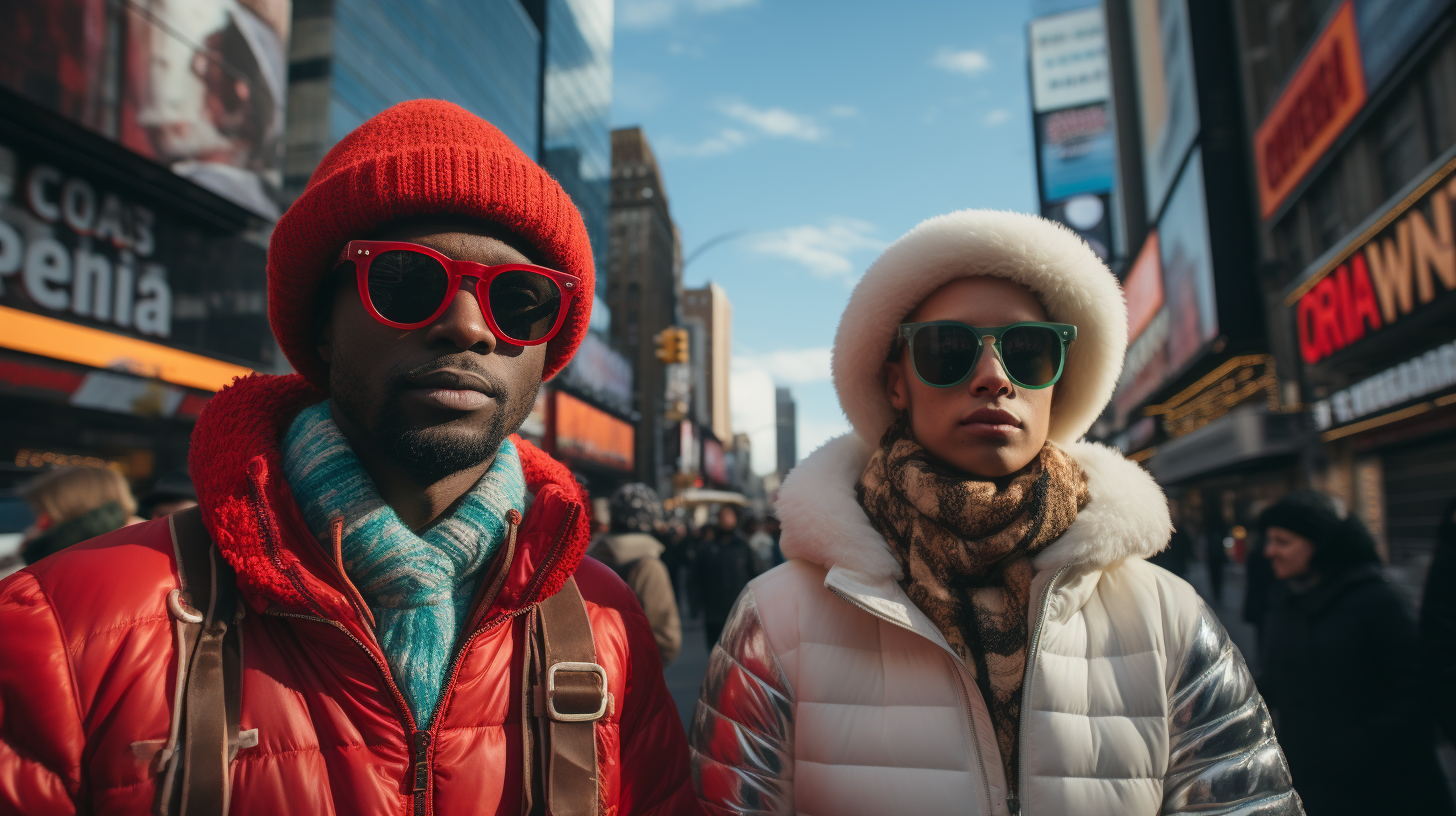 Quirky characters in Christmas attire exploring downtown NYC