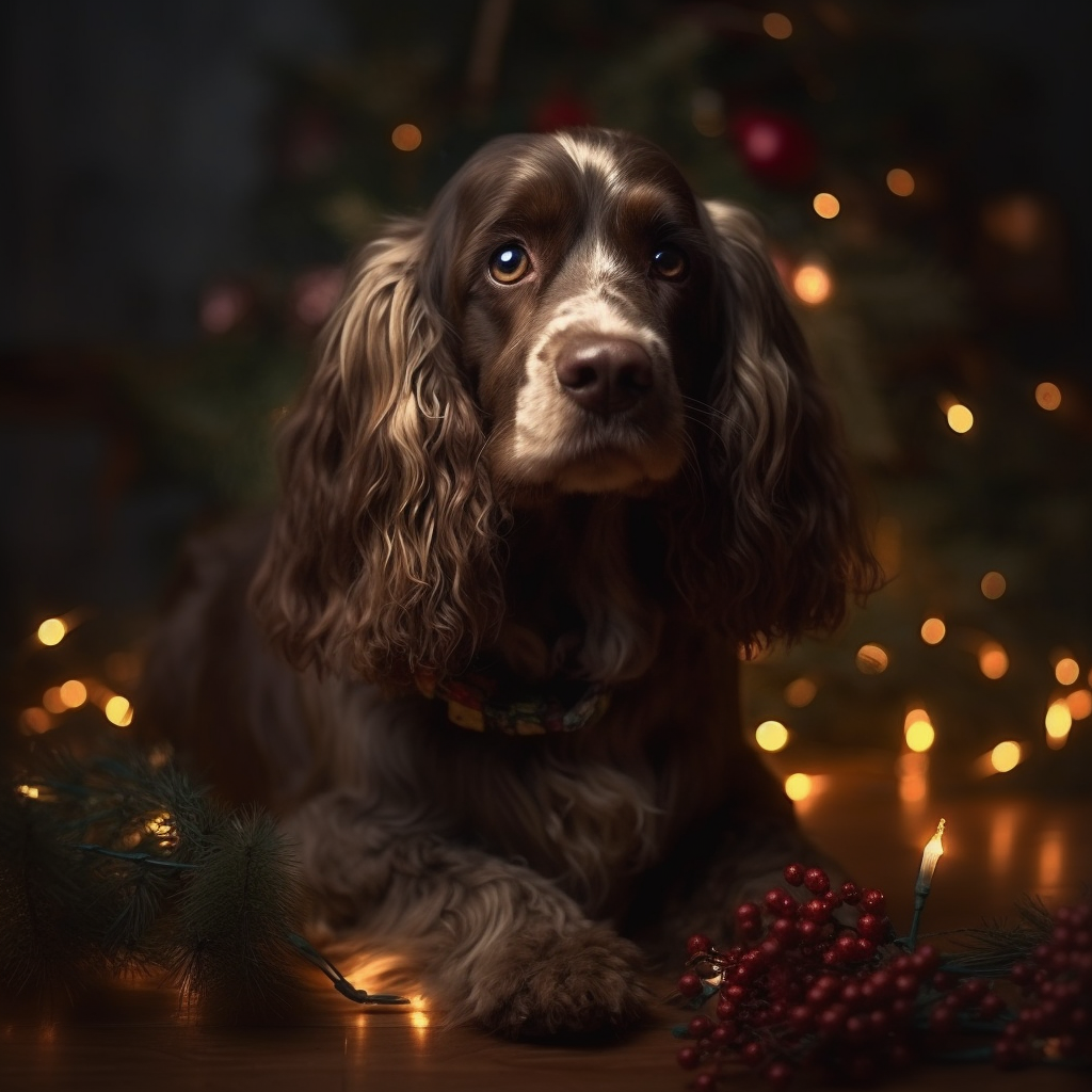 Smiling cocker spaniel in fluffy Christmas dress