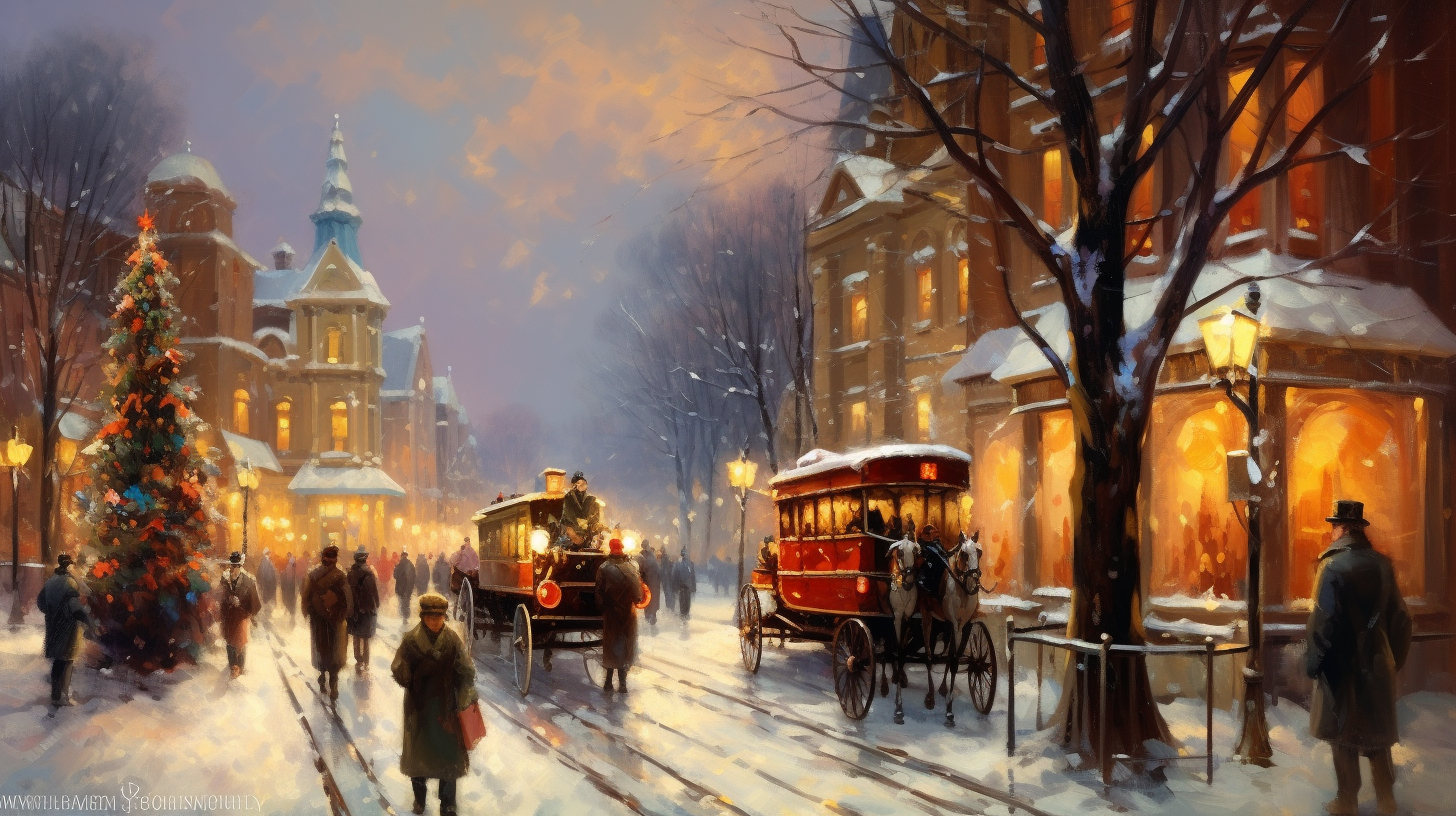 Oil painting of snowy Christmas Eve