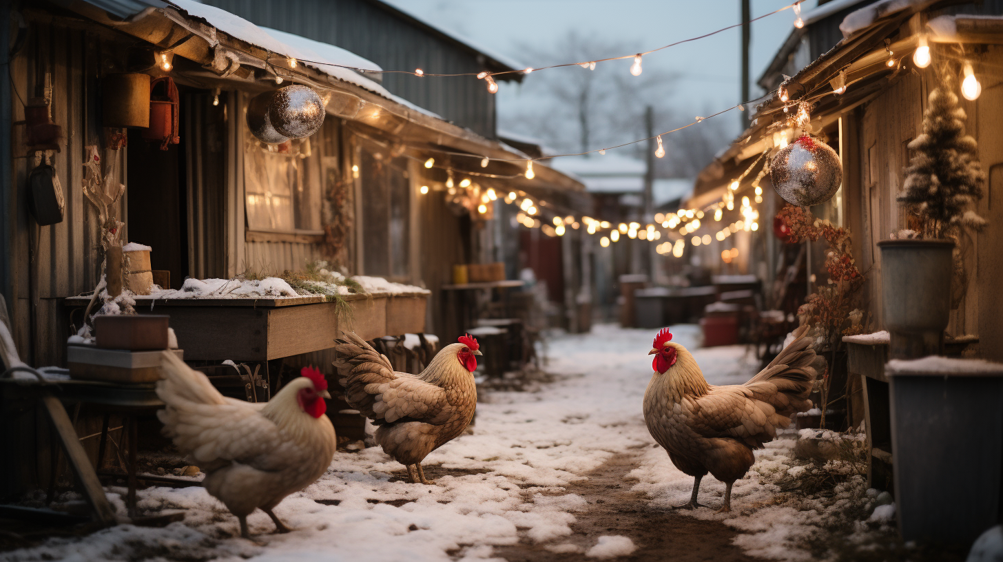 Snowy Farm with Animals and Holiday Decorations