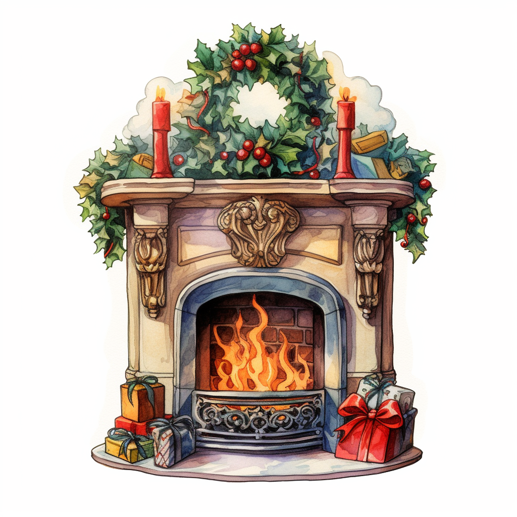 Detailed 1950s Watercolor Christmas Fireplace Sticker